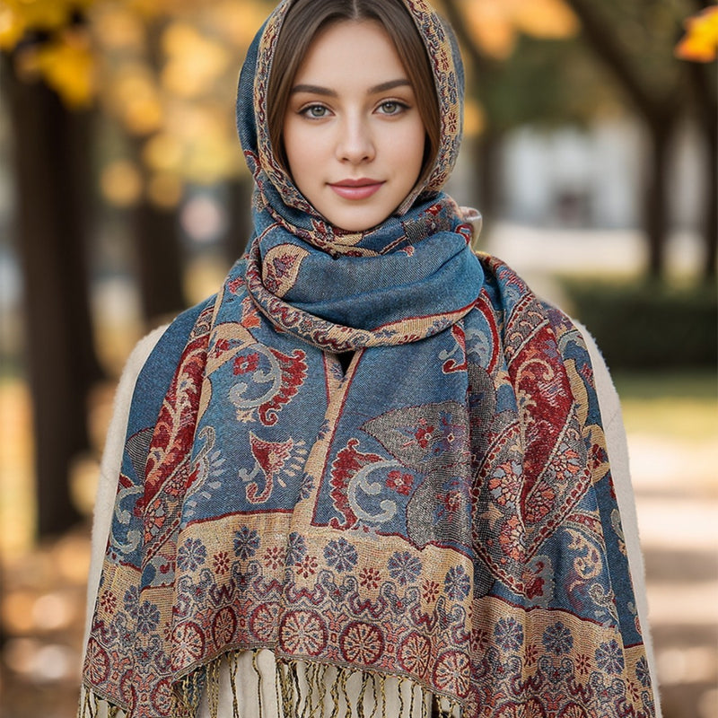 Foulard Femme Style Bohème à Motif Cachemire et Franges Polyester