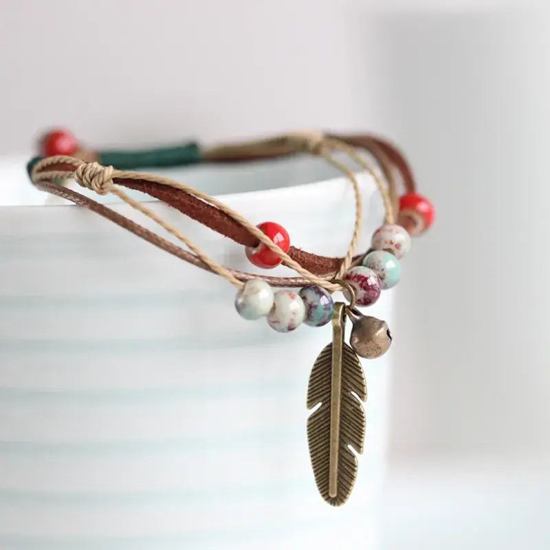 Pulseras de Cerámica de Bronce Ajustables con Cuentas de Porcelana