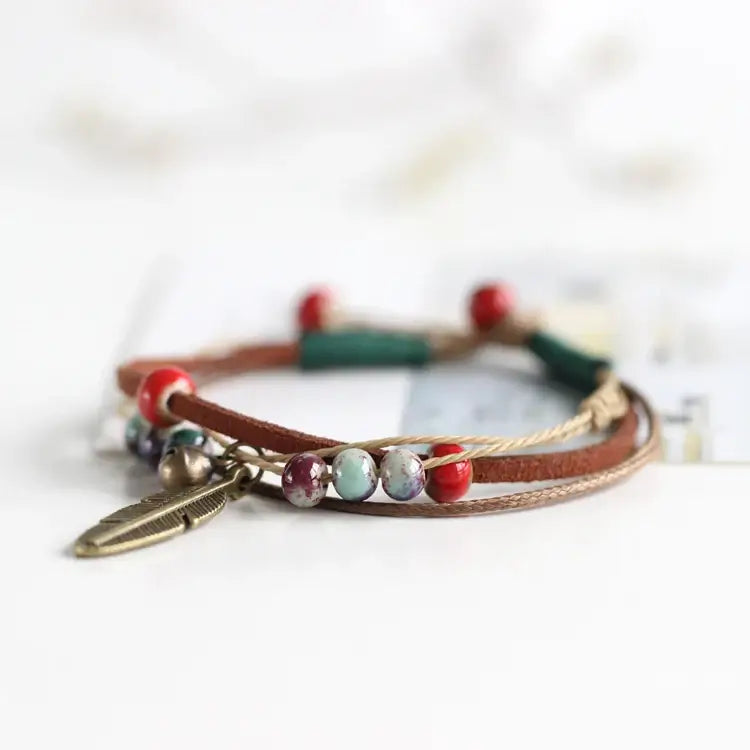 Pulseras de Cerámica de Bronce Ajustables con Cuentas de Porcelana