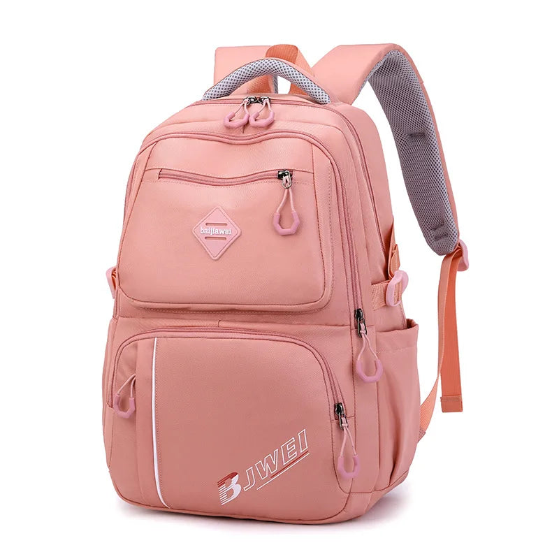 Sac à dos femme en nylon rose multifonctionnel avec fermeture éclair, idéal pour les voyages et l'université.