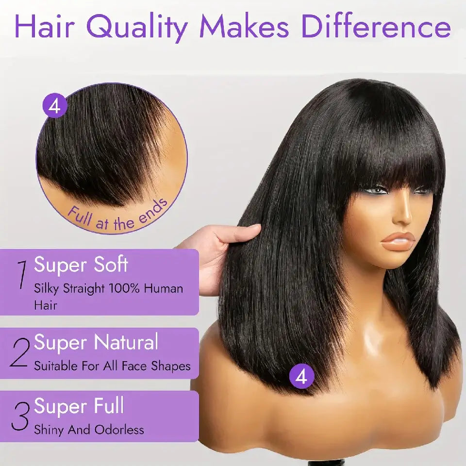 Peluca Bob corta y recta con flequillo de cabello humano