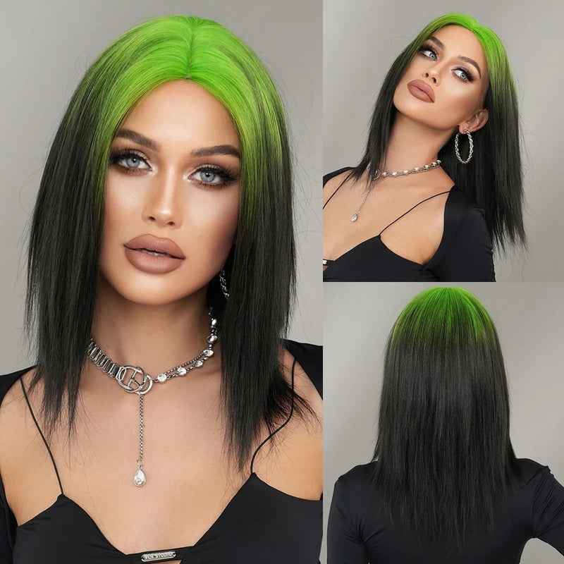 Perruque Mi Longue Synthétique Ombrée Verte Noire Raie Milieu Femme