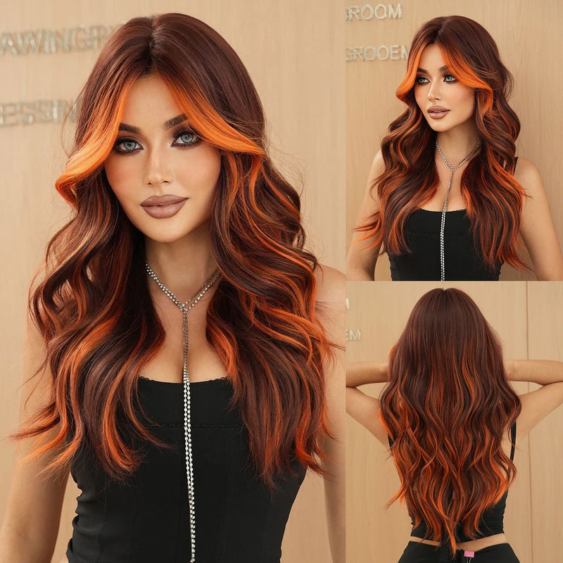 Perruque Longue Ondulée Femme Orange Synthétique Mèches Volumineuses