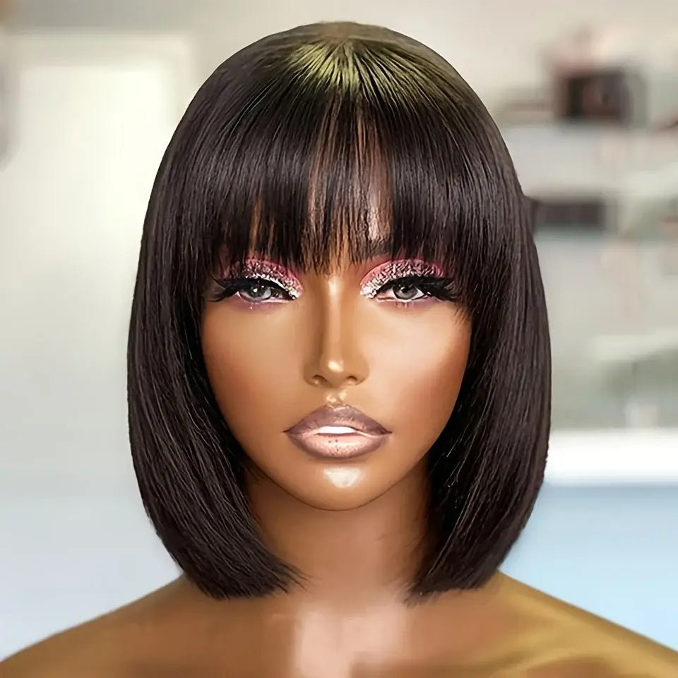 Peluca Bob corta y recta con flequillo de cabello humano