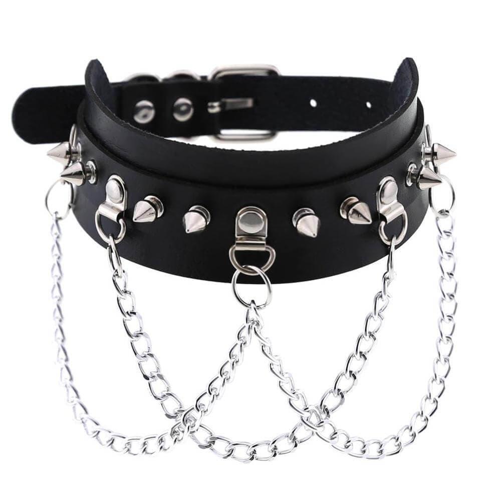Collier ras du cou en similicuir avec pics et chaînes en alliage pour femmes - EMAKUJITIA