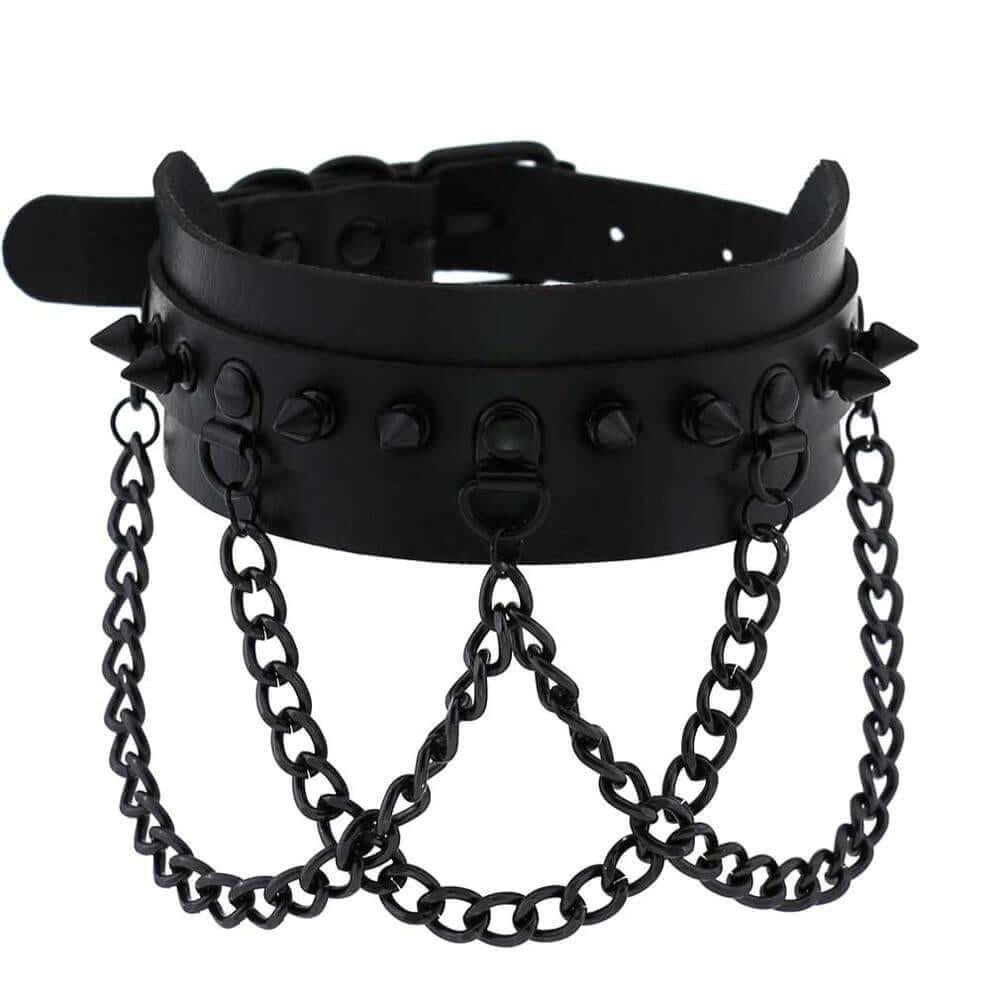Collier ras du cou en similicuir avec pics et chaînes en alliage pour femmes - EMAKUJITIA