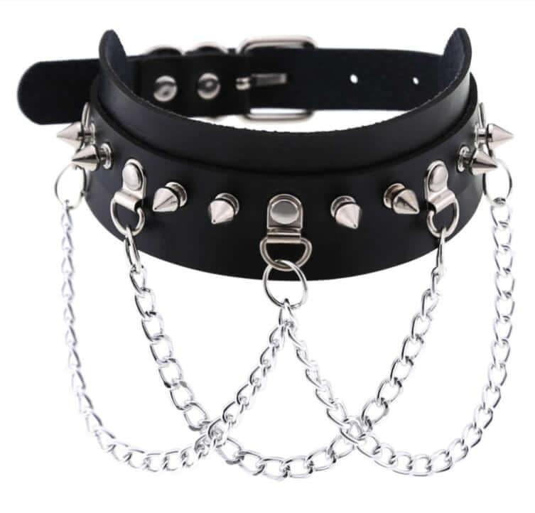 Collier ras du cou en similicuir avec pics et chaînes en alliage pour femmes - EMAKUJITIA