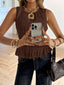 Casual Women's Pleated Round Neck Sleeveless Solid Lace Trim Tank