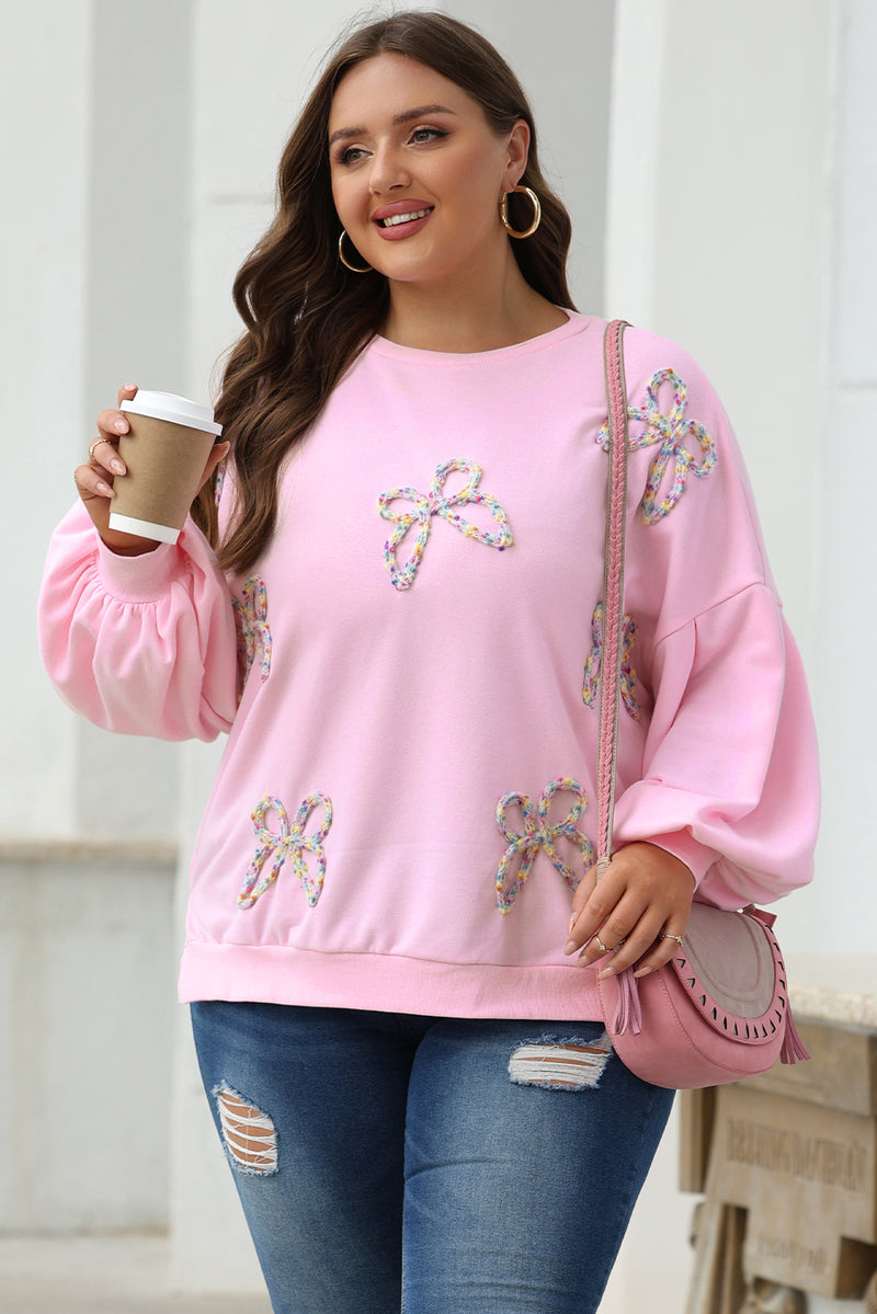 Sweatshirt Oversize Rose Clair en Coton avec Broderie Nœud et Manches Lanterne