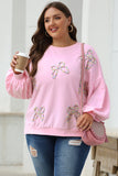 Sweatshirt Oversize Rose Clair en Coton avec Broderie Nœud et Manches Lanterne