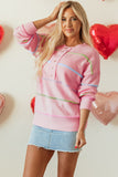 Pull Femme Oversize Rayé Arc-en-ciel Rose en Coton à Épaules Tombantes