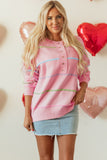 Pull Femme Oversize Rayé Arc-en-ciel Rose en Coton à Épaules Tombantes