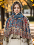 Foulard Femme Style Bohème à Motif Cachemire et Franges Polyester