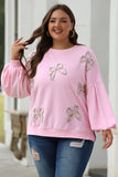 Sweatshirt Oversize Rose Clair en Coton avec Broderie Nœud et Manches Lanterne