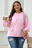 Sweatshirt Oversize Rose Clair en Coton avec Broderie Nœud et Manches Lanterne
