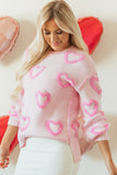Pull Femme Coupe Ample Manches Bouffantes Motif Cœur Rose en Coton Doux
