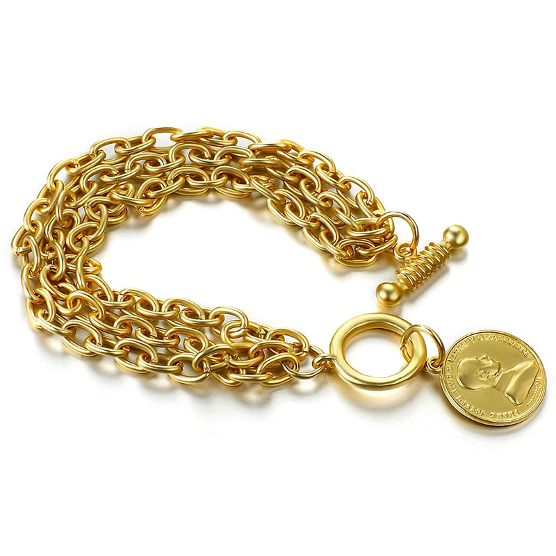 Conjunto de pulsera de cadena multicapa con colgante de cabeza de rey de monedas