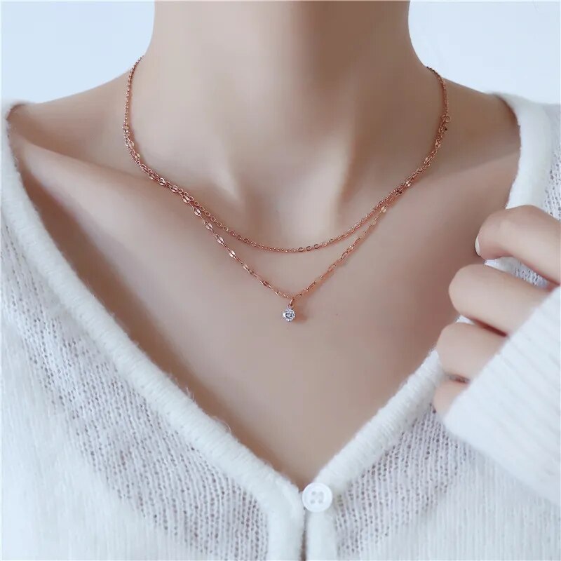 Multilayer Stainless Steel Necklace with Cubic Zirconia