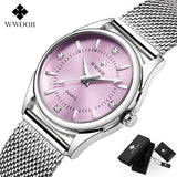 Montre femme WWOOR cadran rose, bracelet acier maillé argenté, détails diamants