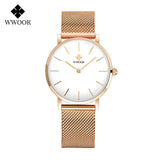 Montre femme WWOOR or rose avec cadran noir, bracelet maille milanaise, packaging inclus