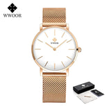 Montre femme WWOOR or rose avec cadran blanc, bracelet maille milanaise, packaging inclus