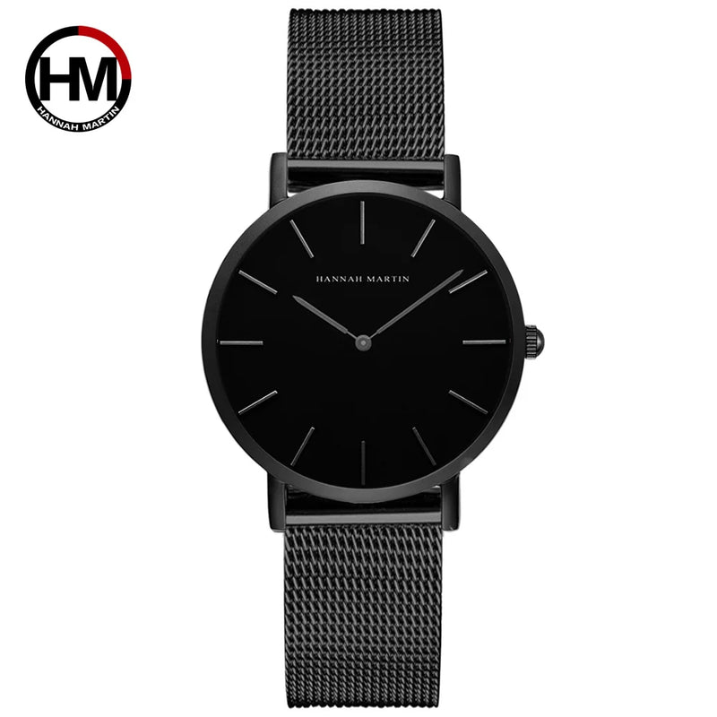 Montre femme Hannah Martin noire minimaliste avec bracelet maille milanaise, vue de face