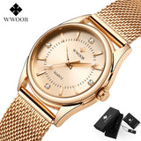 Montre femme WWOOR cadran rose doré, bracelet acier maillé rose doré, détails diamants