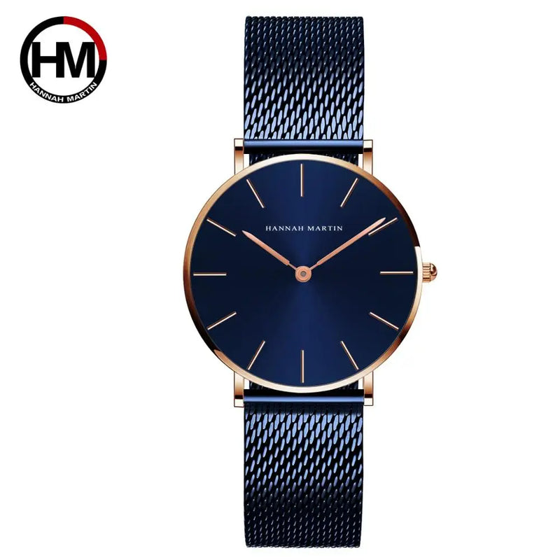 Montre femme Hannah Martin bleu marine avec boîtier et bracelet maille milanaise or rose