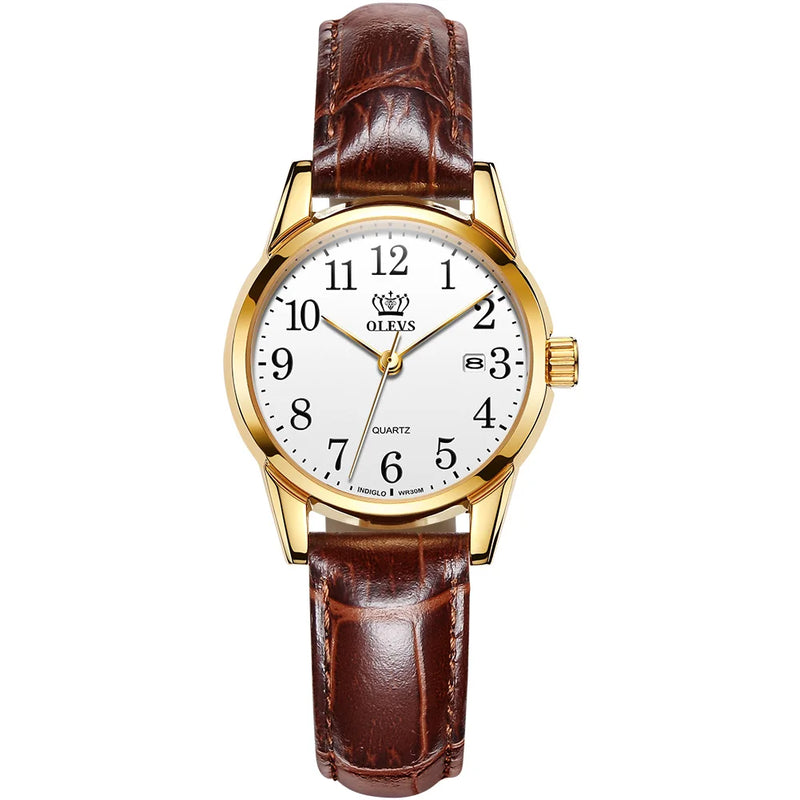 Montre OLEVS classique pour femme avec cadran blanc et bracelet en cuir marron, vue de face
