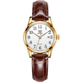 Montre OLEVS classique pour femme avec cadran blanc et bracelet en cuir marron, vue de face