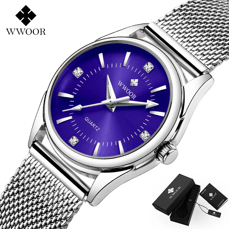 Montre femme WWOOR cadran bleu, bracelet acier maillé argenté, détails diamants