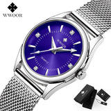 Montre femme WWOOR cadran bleu, bracelet acier maillé argenté, détails diamants