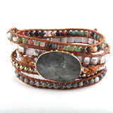 Bracelet bohème 5 tours gris et vert foncé en pierres naturelles et cuir