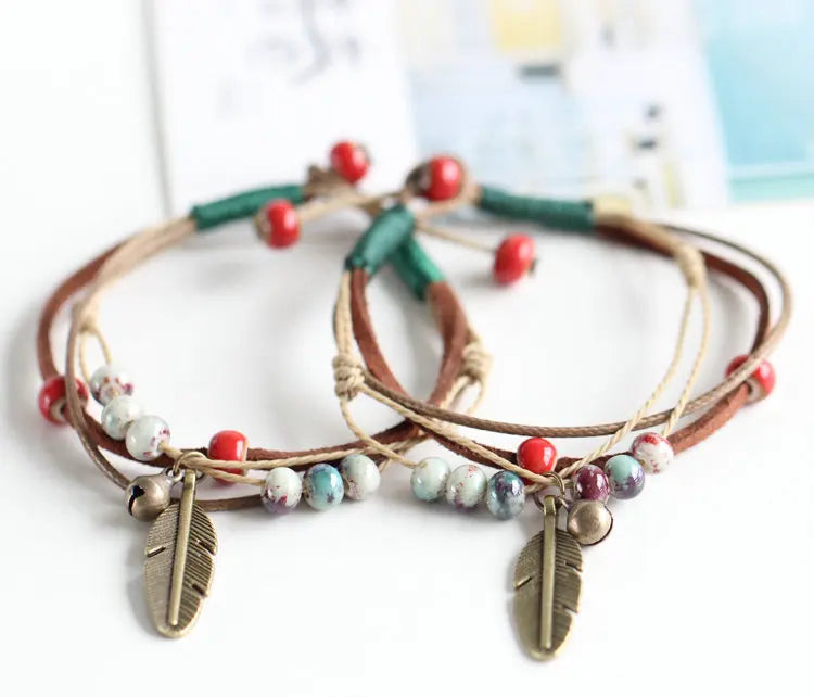 Bracelets en Céramique Bronze Ajustables avec Perles de Porcelaine