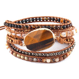 Bracelet bohème 5 tours marron et oeil de tigre en pierres naturelles et cuir