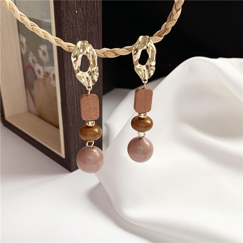 Long and elegant brown wooden earrings - Retro bohemian jewelry for women