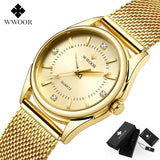Montre femme WWOOR cadran doré, bracelet acier maillé doré, détails diamants