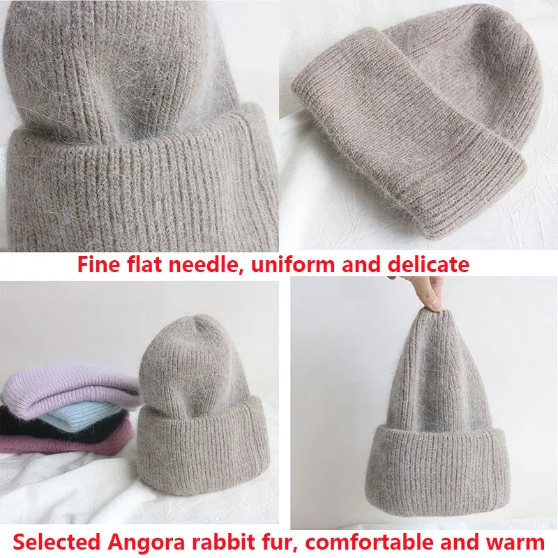 Bonnet Hiver Femme en Fourrure de Lapin Tricoté Chaud Style Minimaliste