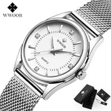 Montre femme WWOOR cadran blanc, bracelet acier maillé argenté, détails diamants