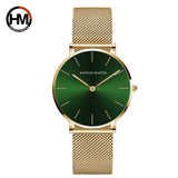 Montre femme Hannah Martin verte avec boîtier et bracelet maille milanaise dorés