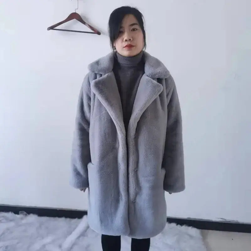 Manteau d'hiver femme en fausse fourrure épaisse mi-long
