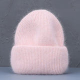 Bonnet Hiver Femme en Fourrure de Lapin Tricoté Chaud Style Minimaliste