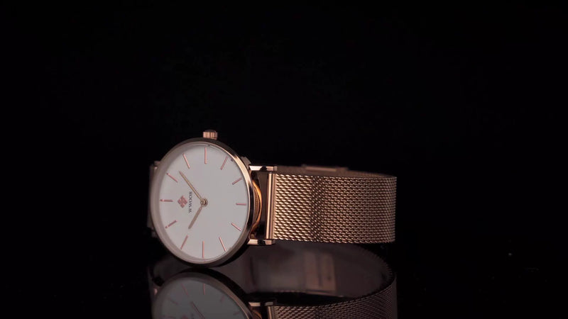 Montre femme WWOOR or rose avec cadran blanc, vue de côté élégante
