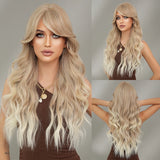 Perruque Synthétique Ondulée Longue Brun Clair Mèche Blonde Femme