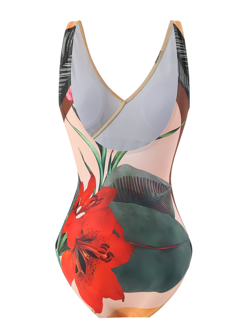 Dos du maillot de bain une pièce imprimé floral avec bretelles fines et décolleté en V