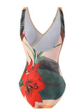 Dos du maillot de bain une pièce imprimé floral avec bretelles fines et décolleté en V