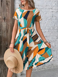 Robe Femme Évasée Plissée d'Été à Manches Courtes