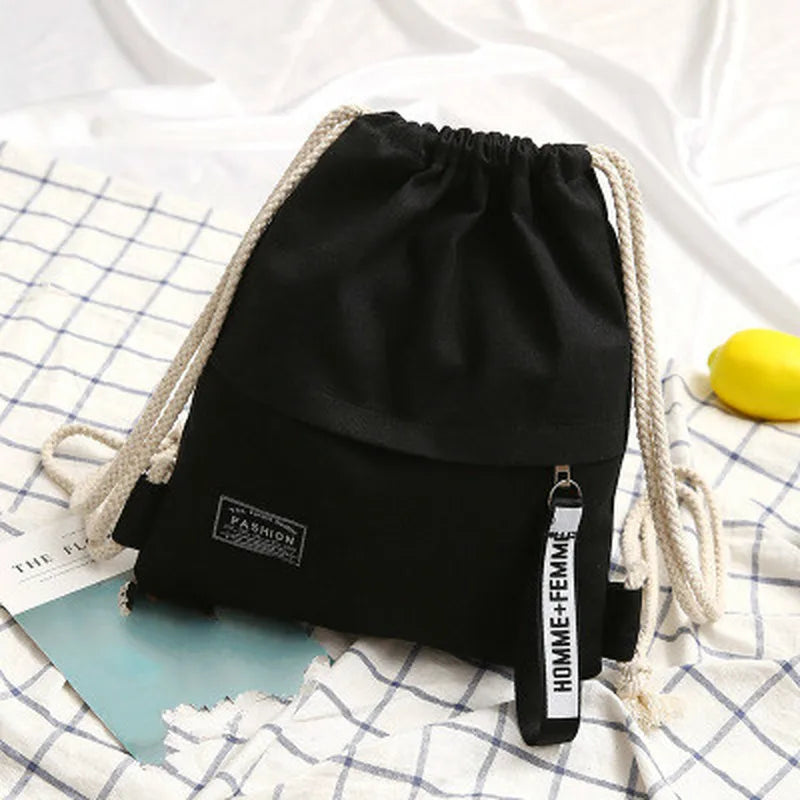 Sac à dos bohème en toile à cordon noir avec bretelles corde claires
