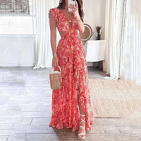 Robe Longue Élégante Imprimée Fleurie à Décolleté V profond