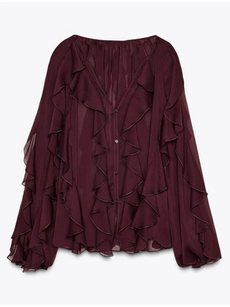 Blouse Oversize Élégante à Volants Manches Évasées pour Femme